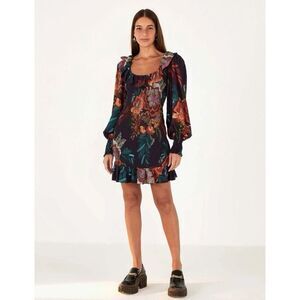 Farm Rio Flower Scarves Dress Smocked Long Sleeve Purple Floral Mini Sz Medium